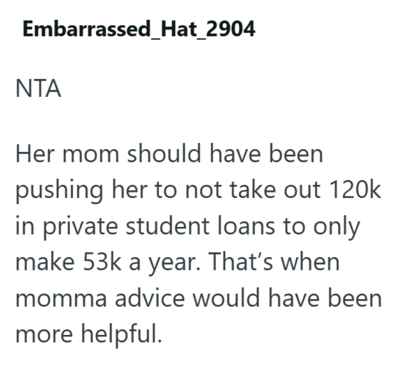 Embarrassed_Hat_2904 ΝΤΑ Her mom should have been pushing her to not take out 120k in private student loans to only make 53k a year. That's when momma advice would have been more helpful.