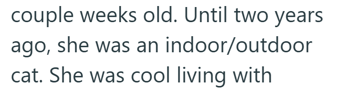 couple weeks old. Until two years ago, she was an indoor/outdoor cat. She was cool living with