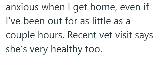 anxious when I get home, even if I've been out for as little as a couple hours. Recent vet visit says she's very healthy too.