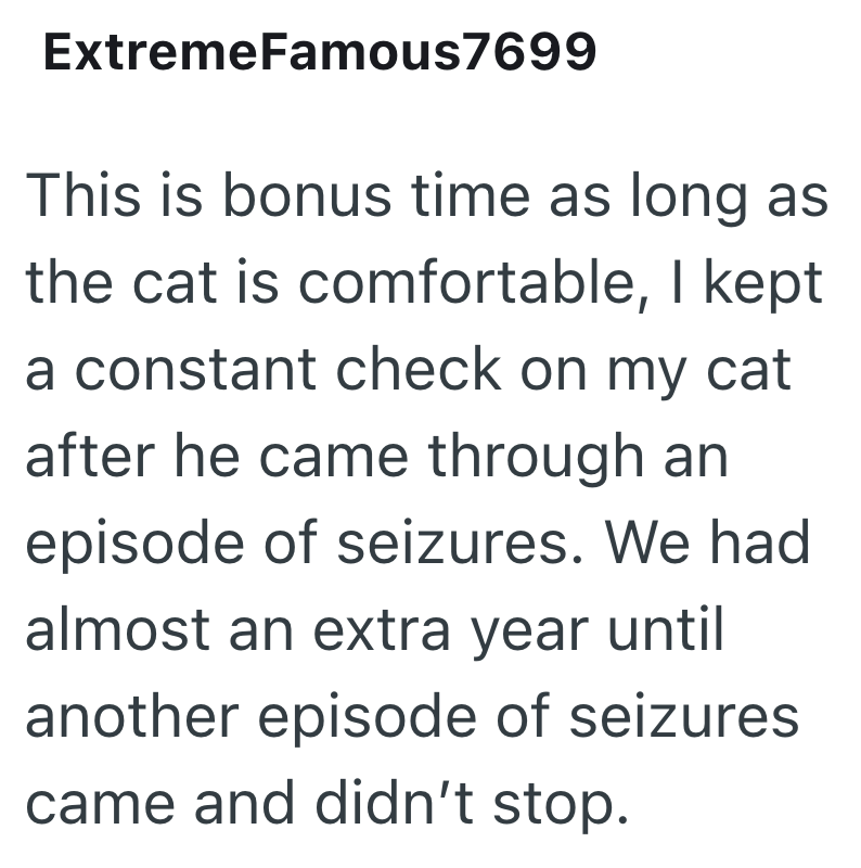 ExtremeFamous7699 This is bonus time as long as the cat is comfortable, I kept a constant check on my cat after he came through an episode of seizures. We had almost an extra year until another episode of seizures came and didn't stop.