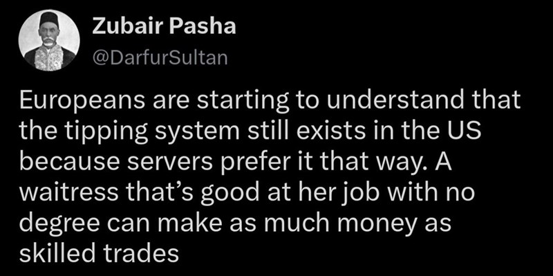 Zubair Pasha @DarfurSultan Europeans are starting to understand that the tipping system still exists in the US because servers prefer it that way. A waitress that's good at her job with no degree can make as much money as skilled trades