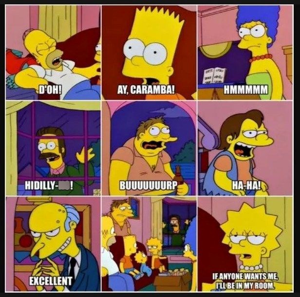 D'OH! AY, CARAMBA! HMMMMM HIDILLY-! BUUUUUUURP HA-HA! EXCELLENT IF ANYONE WANTS ME I'LL BE IN MY ROOM