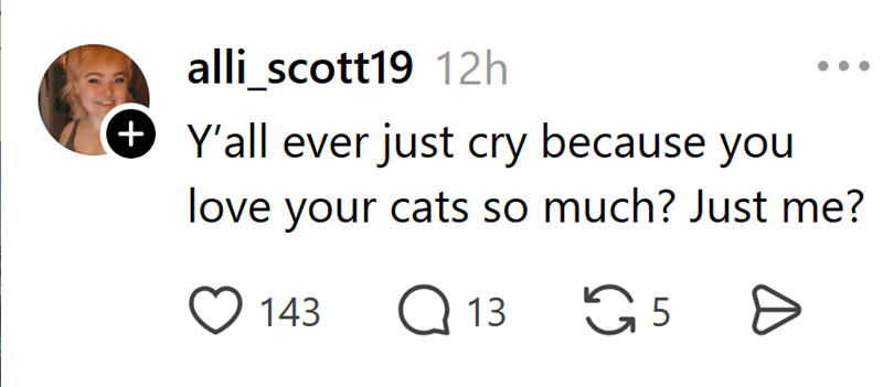 alli_scott19 12h + Y'all ever just cry because you love your cats so much? Just me? 143 ☐ 13 5 Ө