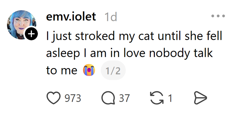 emv.iolet 1d + I just stroked my cat until she fell asleep I am in love nobody talk to me 1/2 973 Q 37 18 Ө