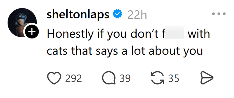 sheltonlaps ✶ 22h + Honestly if you don't f with cats that says a lot about you 292 39 35 Ө