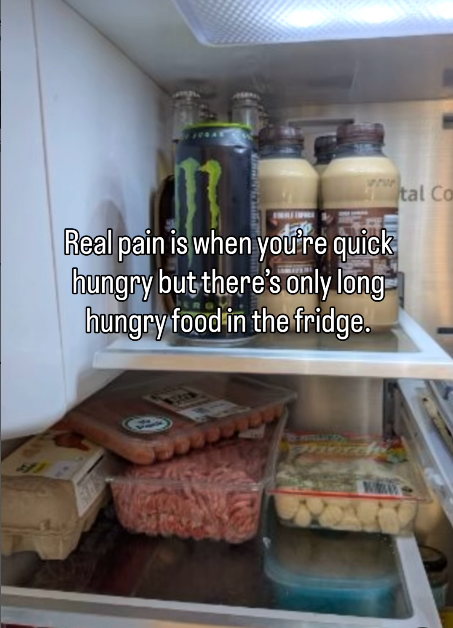 Real pain is when you're quick hungry but there's only long hungry food in the fridge. tal Co