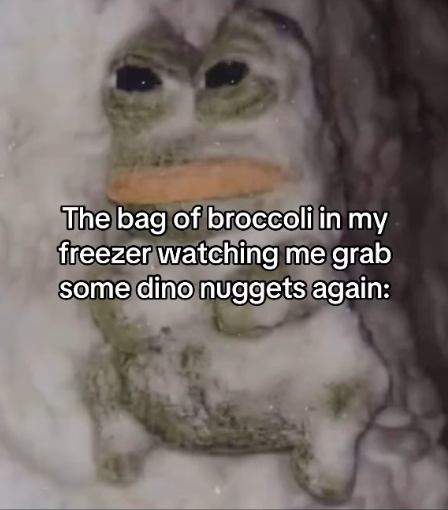 The bag of broccoli in my freezer watching me grab some dino nuggets again:
