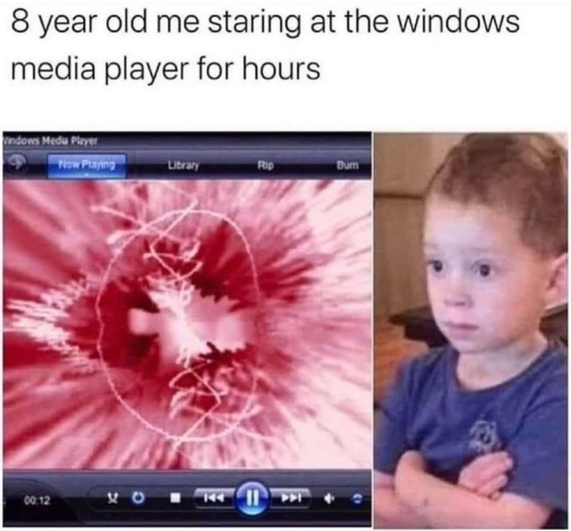 8 year old me staring at the windows media player for hours Vindows Medu Player Now Playing Library Rip Burn 00:12 40 144 11