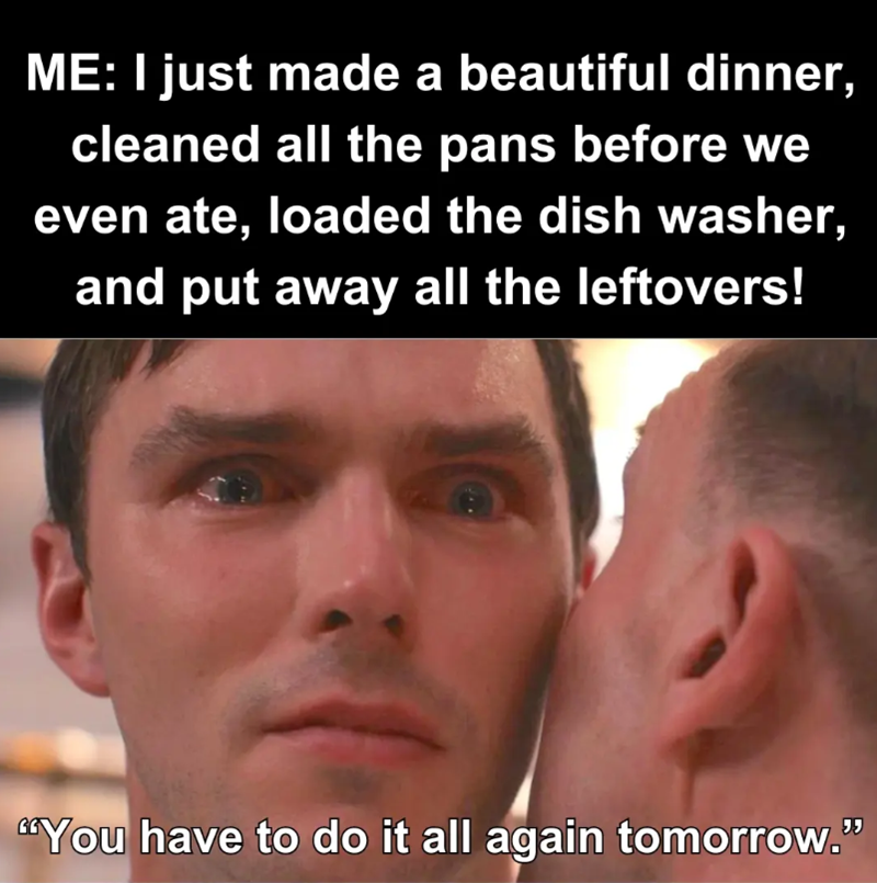ME: I just made a beautiful dinner, cleaned all the pans before we even ate, loaded the dish washer, and put away all the leftovers! "You have to do it all again tomorrow."
