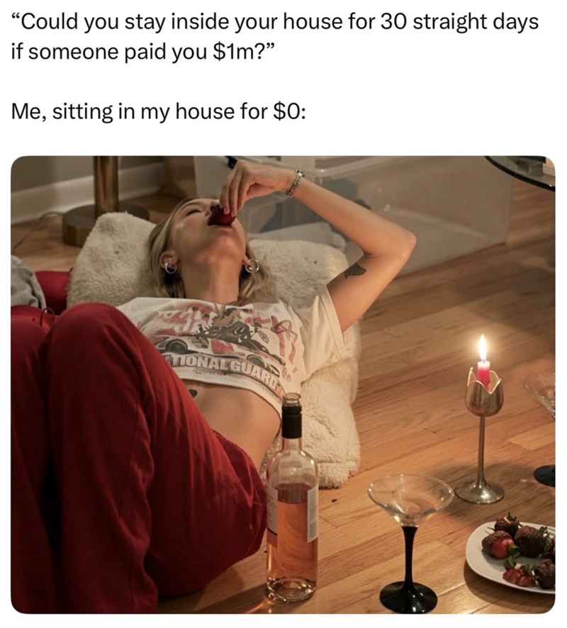 "Could you stay inside your house for 30 straight days if someone paid you $1m?" Me, sitting in my house for $0: TIONAL GUARD