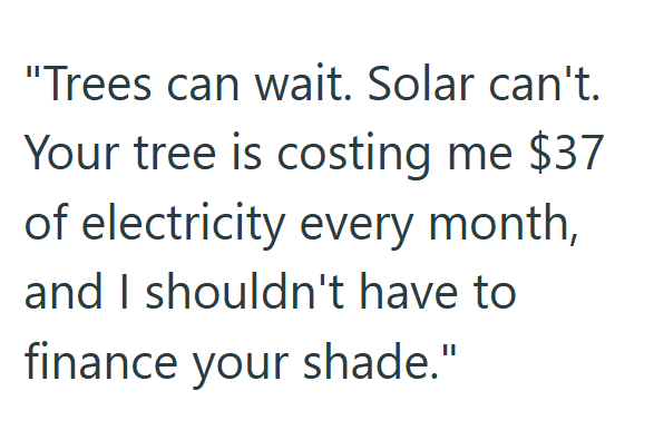 "Trees can wait. Solar can't. Your tree is costing me $37 of electricity every month, and I shouldn't have to finance your shade."