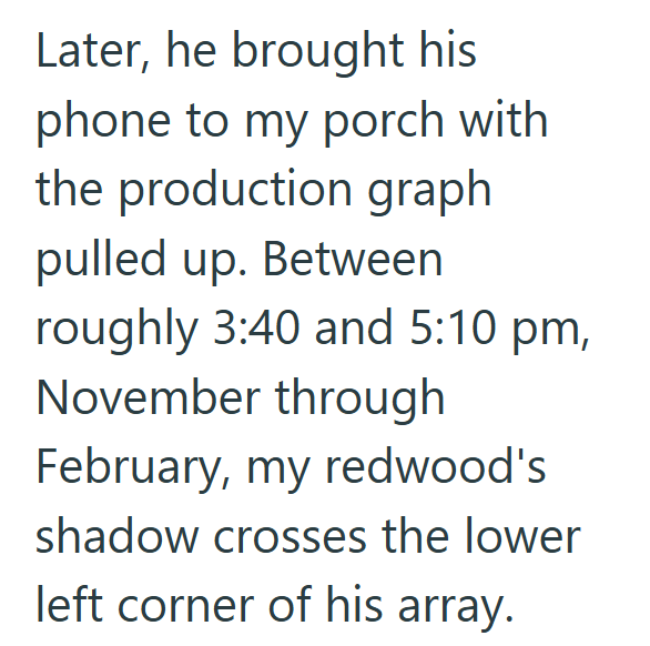 Later, he brought his phone to my porch with the production graph pulled up. Between roughly 3:40 and 5:10 pm, November through February, my redwood's shadow crosses the lower left corner of his array.