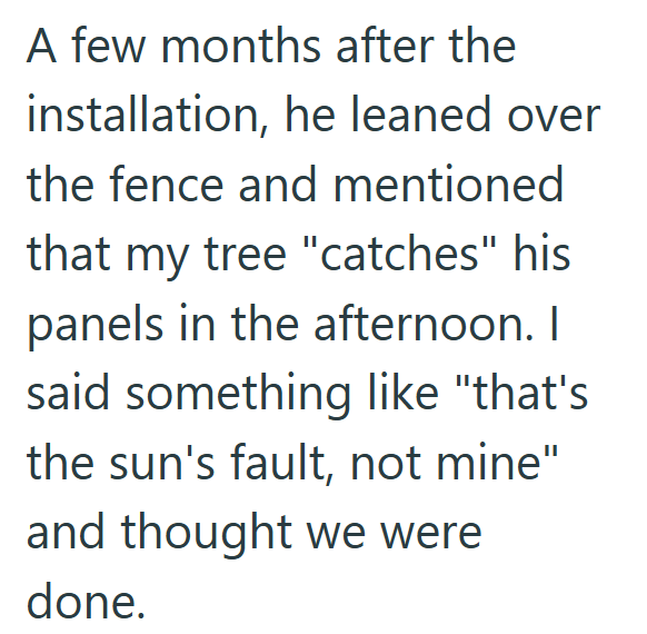 A few months after the installation, he leaned over the fence and mentioned that my tree "catches" his panels in the afternoon. I said something like "that's the sun's fault, not mine" and thought we were done.
