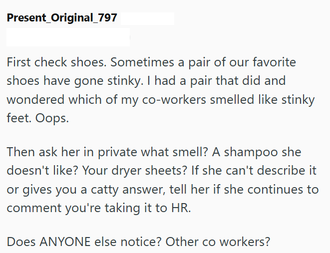 Present_Original_797 First check shoes. Sometimes a pair of our favorite shoes have gone stinky. I had a pair that did and wondered which of my co-workers smelled like stinky feet. Oops. Then ask her in private what smell? A shampoo she doesn't like? Your dryer sheets? If she can't describe it or gives you a catty answer, tell her if she continues to comment you're taking it to HR. Does ANYONE else notice? Other co workers?