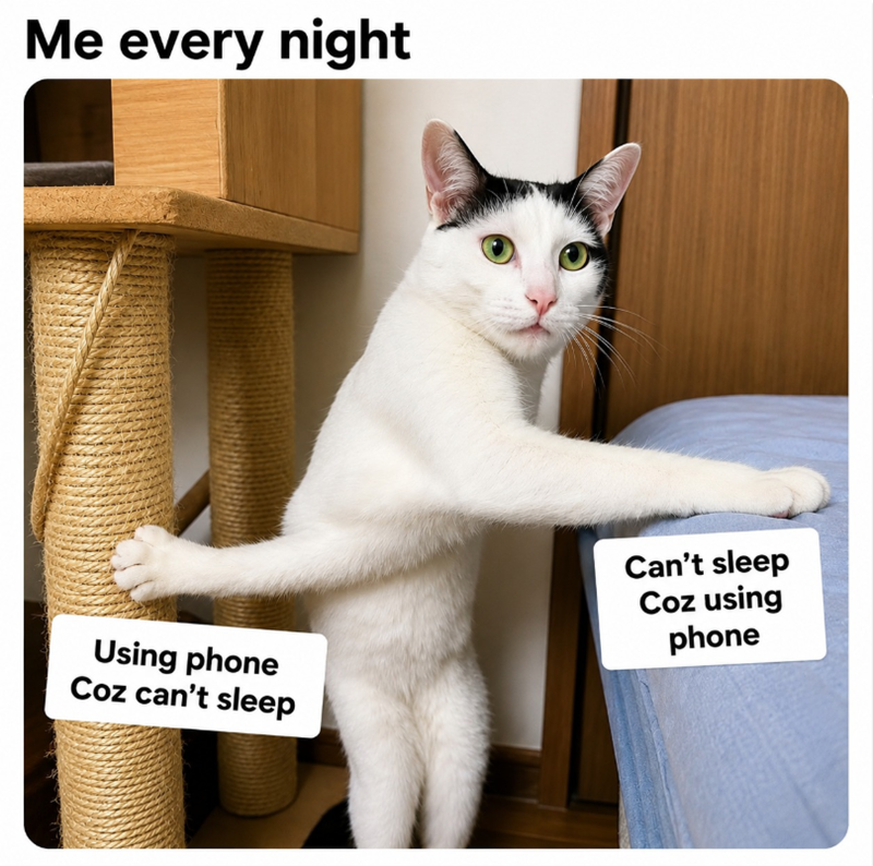 Me every night Using phone Coz can't sleep Can't sleep Coz using phone