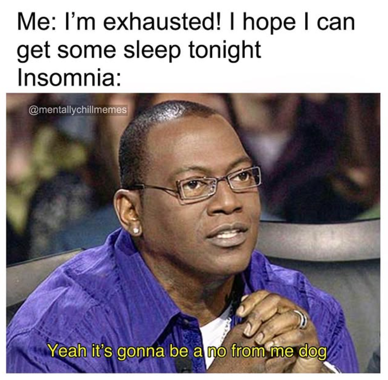 Me: I'm exhausted! I hope I can get some sleep tonight Insomnia: @mentallychillmemes Yeah it's gonna be a no from me dog