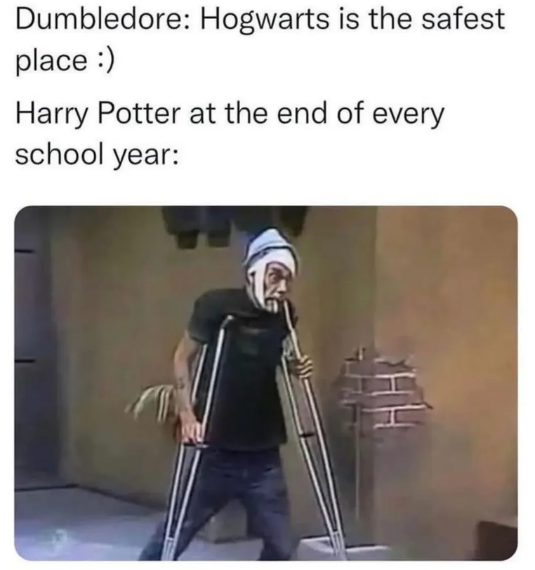 Dumbledore: Hogwarts is the safest place :) Harry Potter at the end of every school year: