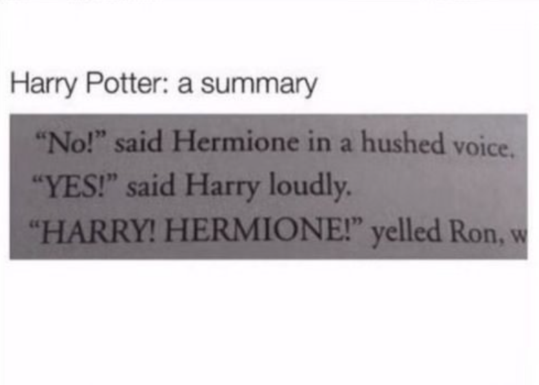 Harry Potter: a summary "No!" said Hermione in a hushed voice. "YES!" said Harry loudly. "HARRY! HERMIONE!" yelled Ron, w