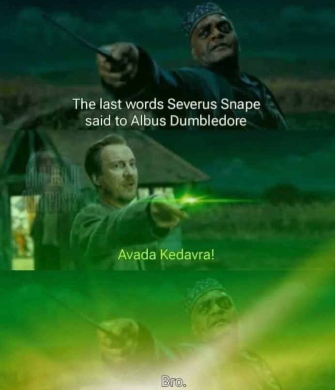 The last words Severus Snape said to Albus Dumbledore Avada Kedavra! Bro.