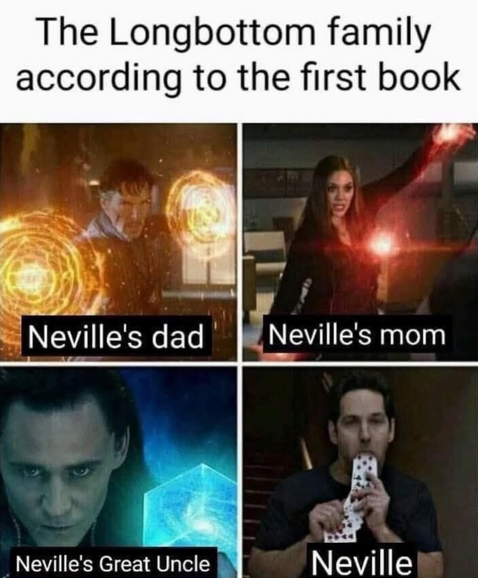 The Longbottom family according to the first book Neville's dad Neville's mom Neville's Great Uncle Neville