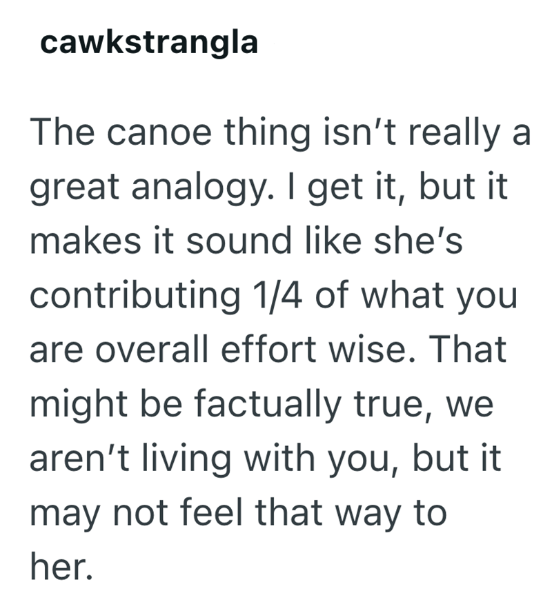 cawkstrangla The canoe thing isn't really a great analogy. I get it, but it makes it sound like she's contributing 1/4 of what you are overall effort wise. That might be factually true, we aren't living with you, but it may not feel that way to her.