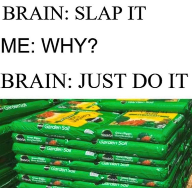 BRAIN: SLAP IT ME: WHY? BRAIN: JUST DO IT Garden Son Garden Soll Grows Bigger MadeGe Mar Garden Soll Grows Sipper Green Sigge Garden Soll Garden Son Garden Soll Gras Garden Soll