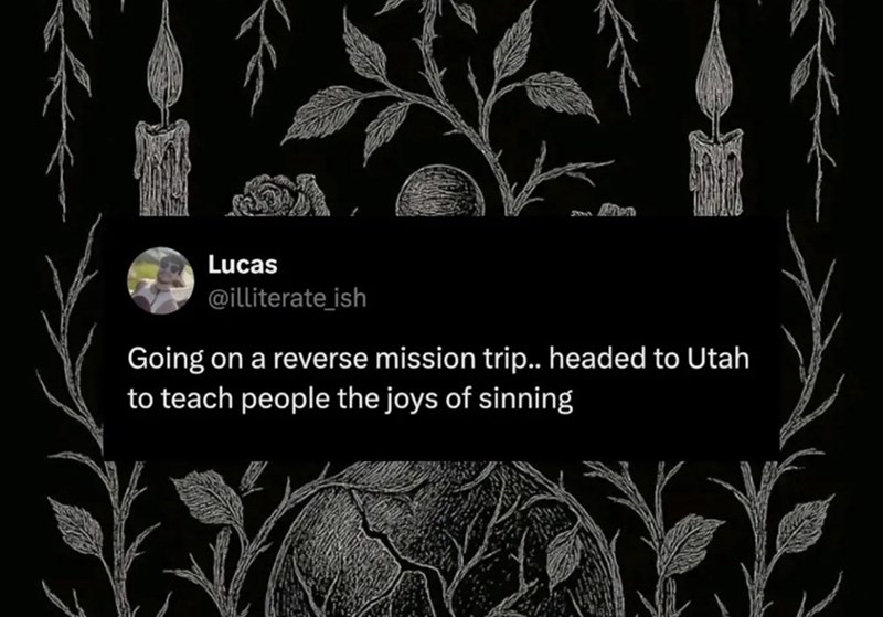 Lucas @illiterate_ish Going on a reverse mission trip.. headed to Utah to teach people the joys of sinning