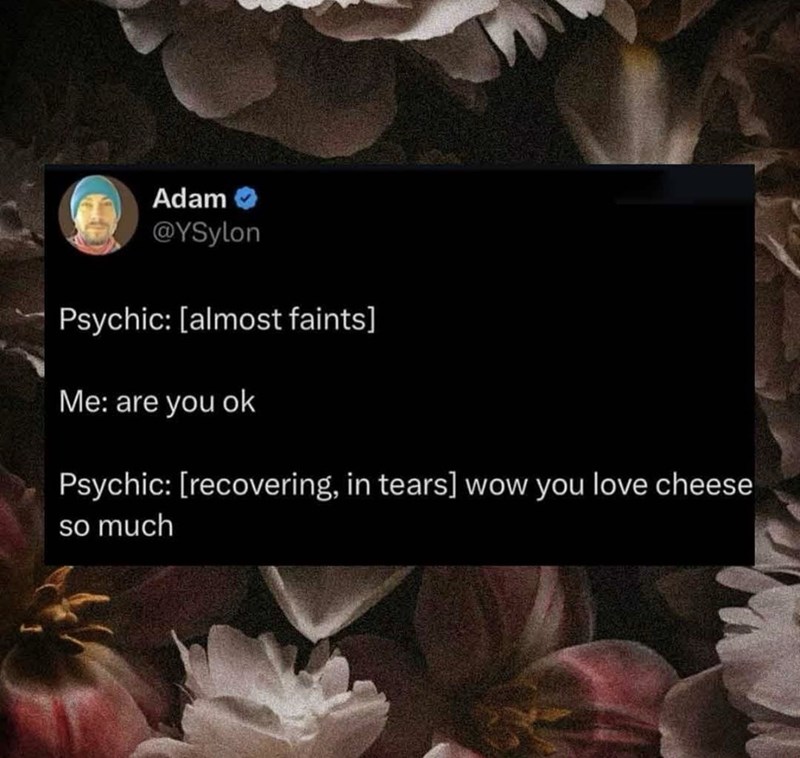 Adam @YSylon Psychic: [almost faints] Me: are you ok Psychic: [recovering, in tears] wow you love cheese so much