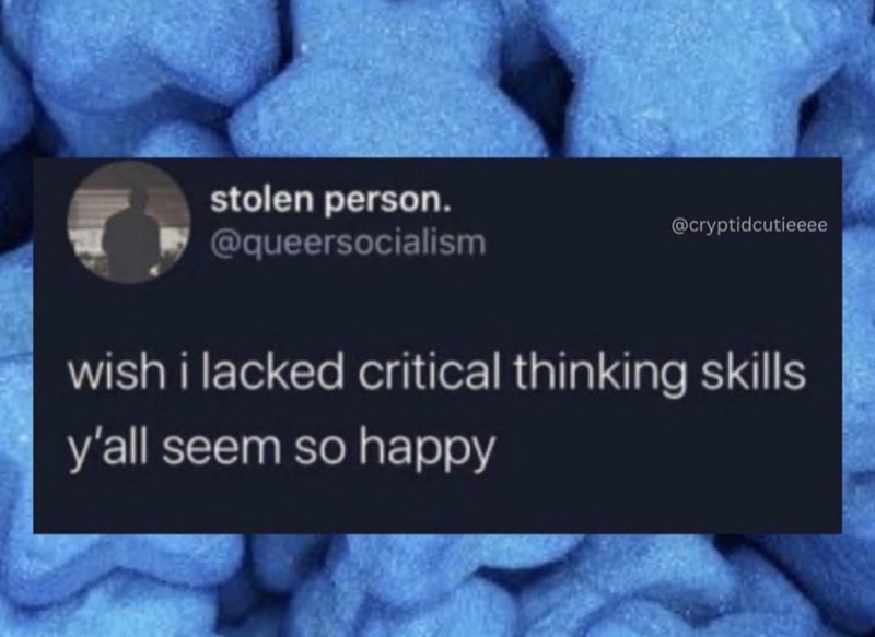 stolen person. @queersocialism @cryptidcutieeee wish i lacked critical thinking skills y'all seem so happy