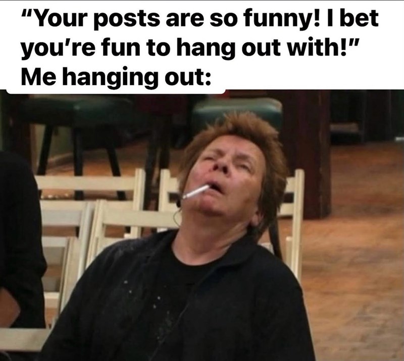 "Your posts are so funny! I bet you're fun to hang out with!" Me hanging out: