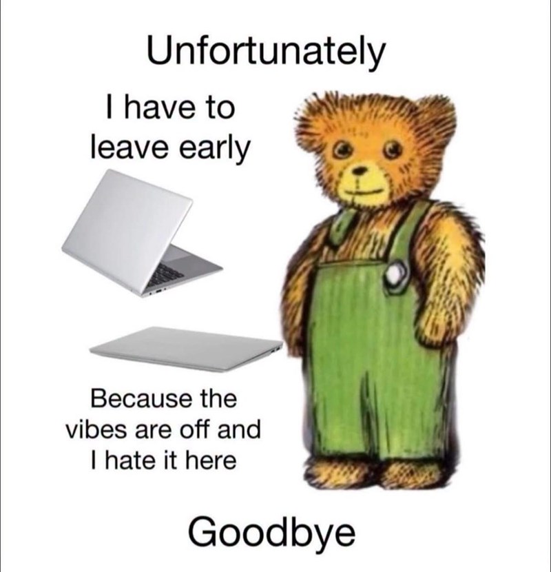 Unfortunately I have to leave early Because the vibes are off and I hate it here Goodbye