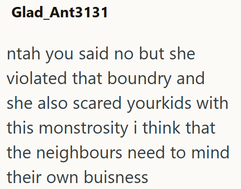 Glad_Ant3131 ntah you said no but she violated that boundry and she also scared yourkids with this monstrosity i think that the neighbours need to mind their own buisness