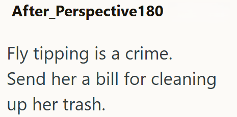 After Perspective 180 Fly tipping is a crime. Send her a bill for cleaning up her trash.