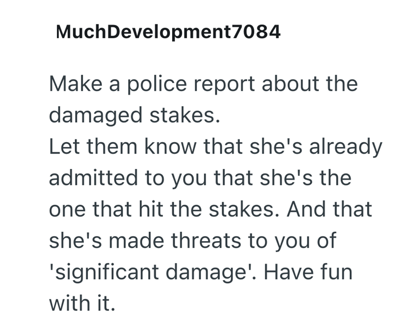 MuchDevelopment7084 Make a police report about the damaged stakes. Let them know that she's already admitted to you that she's the one that hit the stakes. And that she's made threats to you of 'significant damage'. Have fun with it.