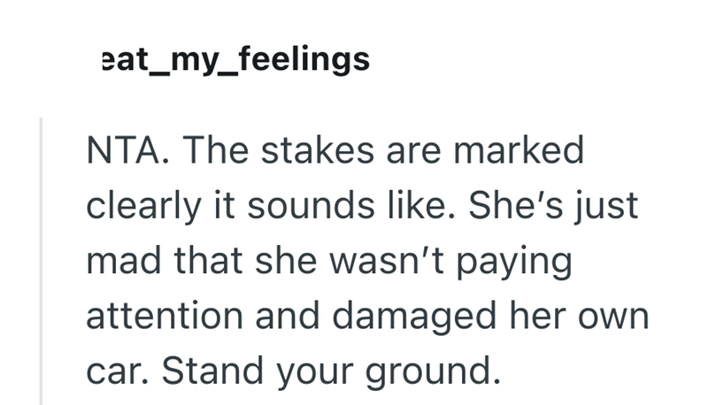 eat_my_feelings NTA. The stakes are marked clearly it sounds like. She's just mad that she wasn't paying attention and damaged her own car. Stand your ground.
