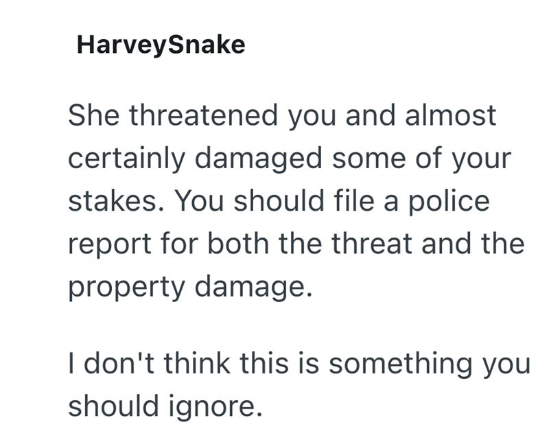 HarveySnake She threatened you and almost certainly damaged some of your stakes. You should file a police report for both the threat and the property damage. I don't think this is something you should ignore.