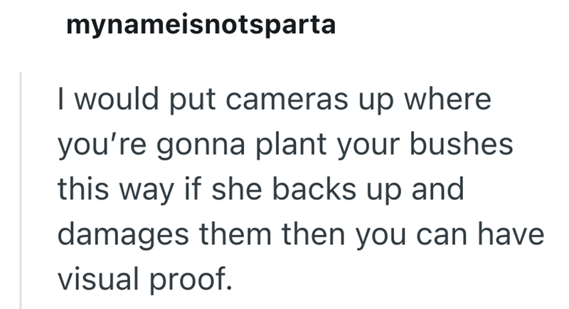 mynameisnotsparta I would put cameras up where you're gonna plant your bushes this way if she backs up and damages them then you can have visual proof.