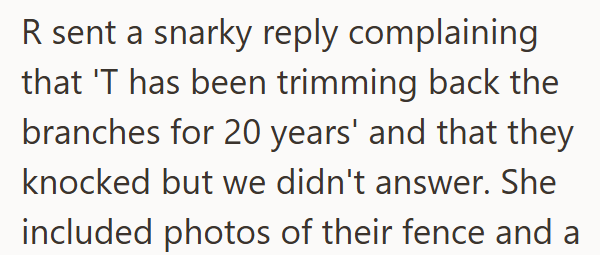 R sent a snarky reply complaining that 'T has been trimming back the branches for 20 years' and that they knocked but we didn't answer. She included photos of their fence and a