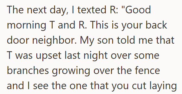 The next day, I texted R: "Good morning T and R. This is your back door neighbor. My son told me that T was upset last night over some branches growing over the fence and I see the one that you cut laying