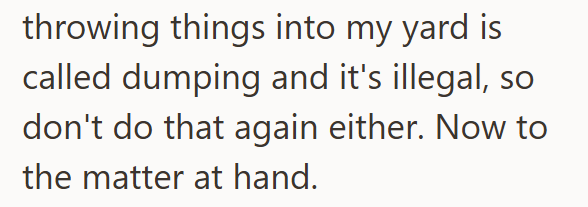 throwing things into my yard is called dumping and it's illegal, so don't do that again either. Now to the matter at hand.
