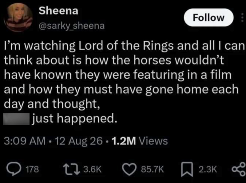 Sheena @sarky_sheena Follow I'm watching Lord of the Rings and all I can think about is how the horses wouldn't have known they were featuring in a film and how they must have gone home each day and thought, just happened. • 3:09 AM 12 Aug 26 1.2M Views 178 13.6K 85.7K 2.3K