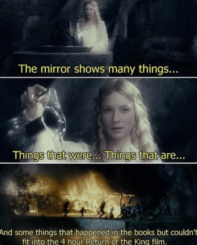 The mirror shows many things... Things that were... Things that are... And some things that happened in the books but couldn't fit into the 4 hour Return of the King film.