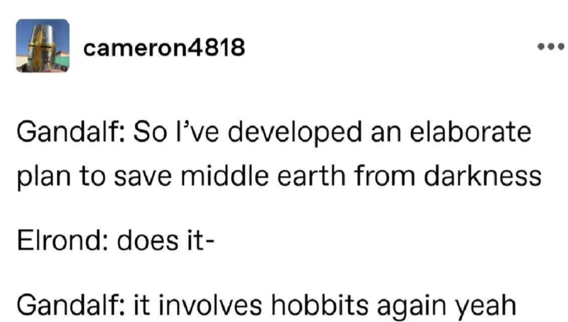 cameron4818 Gandalf: So I've developed an elaborate plan to save middle earth from darkness Elrond: does it- Gandalf: it involves hobbits again yeah