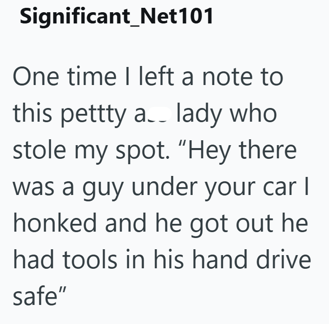 Significant_Net101 One time I left a note to this pettty a lady who stole my spot. "Hey there was a guy under your car I honked and he got out he had tools in his hand drive safe"