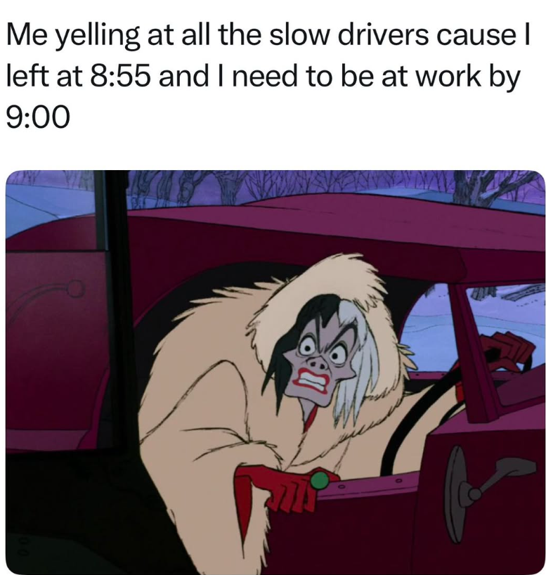 Me yelling at all the slow drivers cause | left at 8:55 and I need to be at work by 9:00