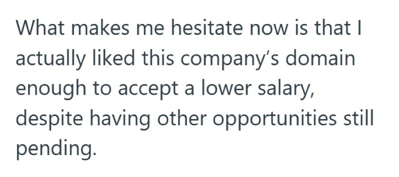 What makes me hesitate now is that I actually liked this company's domain enough to accept a lower salary, despite having other opportunities still pending.
