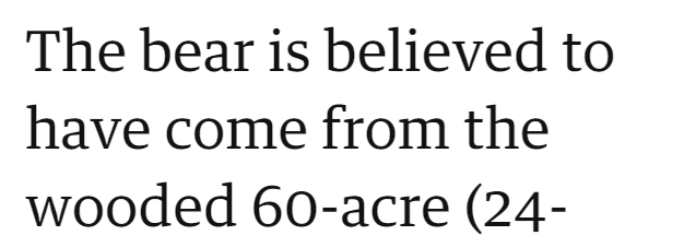 The bear is believed to have come from the wooded 60-acre (24-