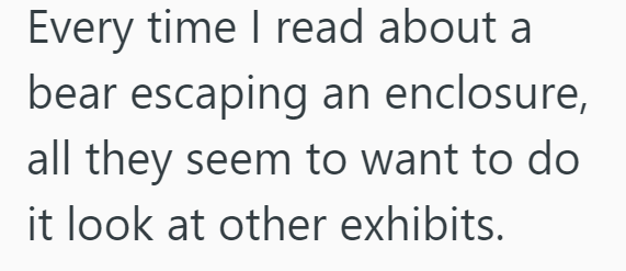 Every time I read about a bear escaping an enclosure, all they seem to want to do it look at other exhibits.
