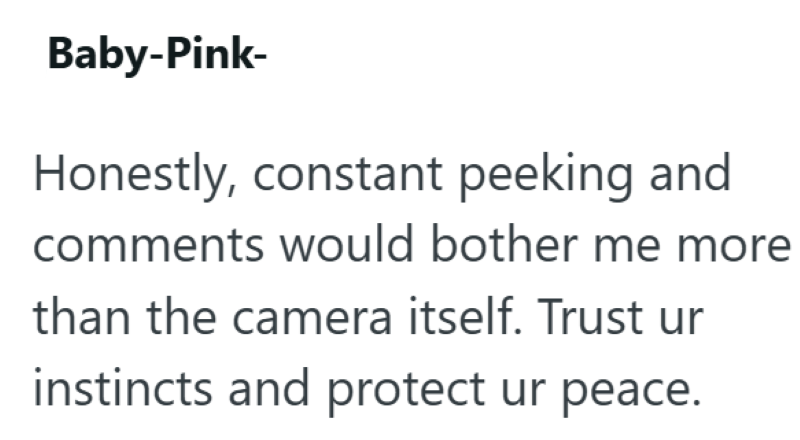 Baby-Pink- Honestly, constant peeking and comments would bother me more than the camera itself. Trust ur instincts and protect ur peace.