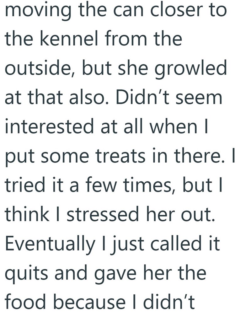 moving the can closer to the kennel from the outside, but she growled at that also. Didn't seem interested at all when I put some treats in there. I tried it a few times, but I think I stressed her out. Eventually I just called it quits and gave her the food because I didn't